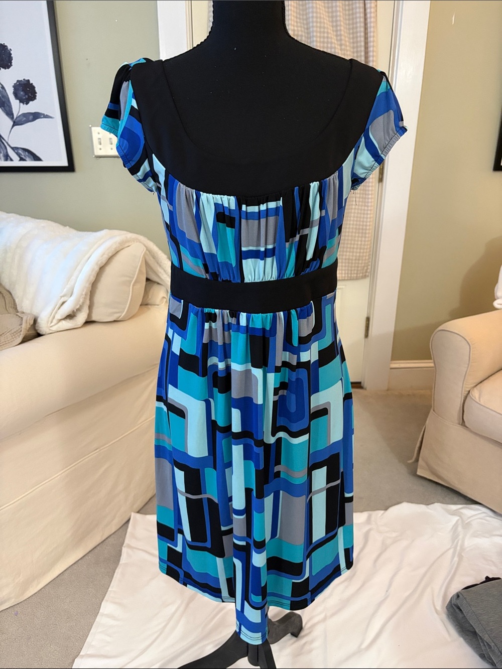 AB Studio Blue and Black Geometric Midi Dress